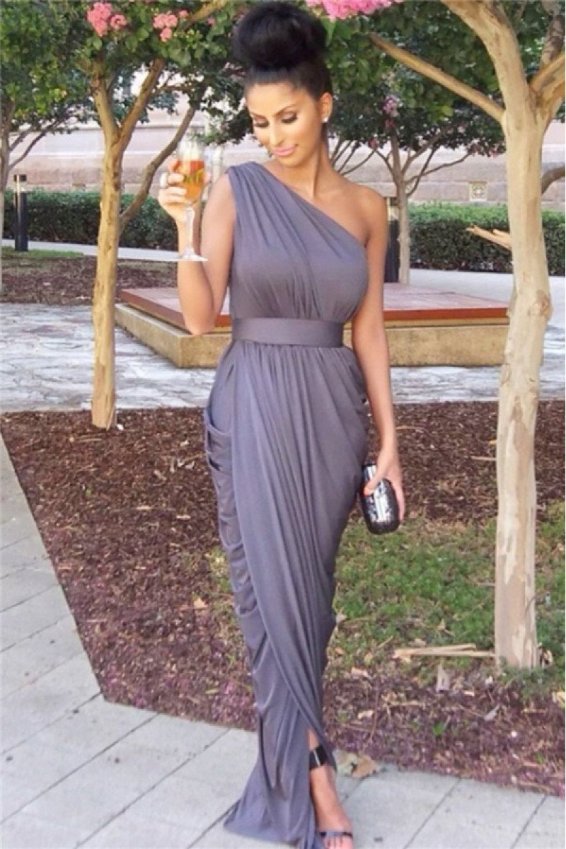 Angela Elegant Gray One Shoulder Side Slit Sheath Bridesmaid Dresses