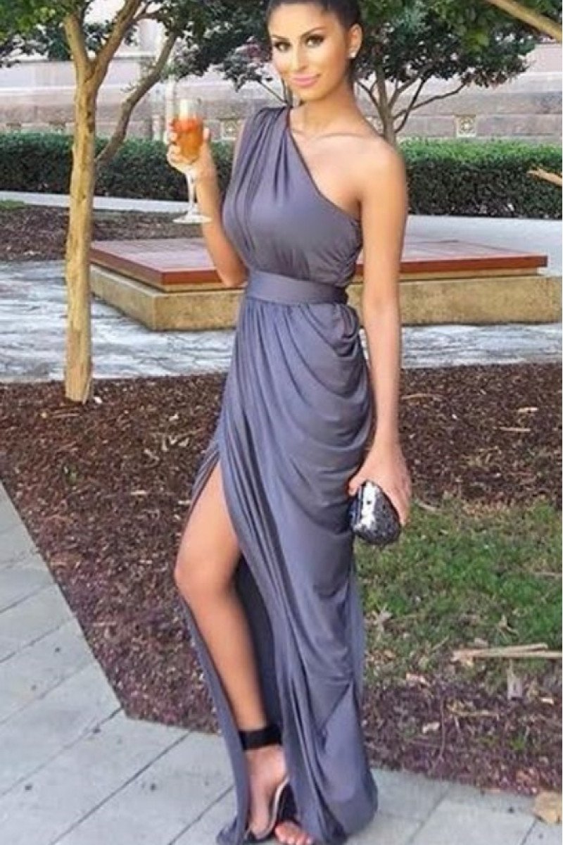 Angela Elegant Gray One Shoulder Side Slit Sheath Bridesmaid Dresses