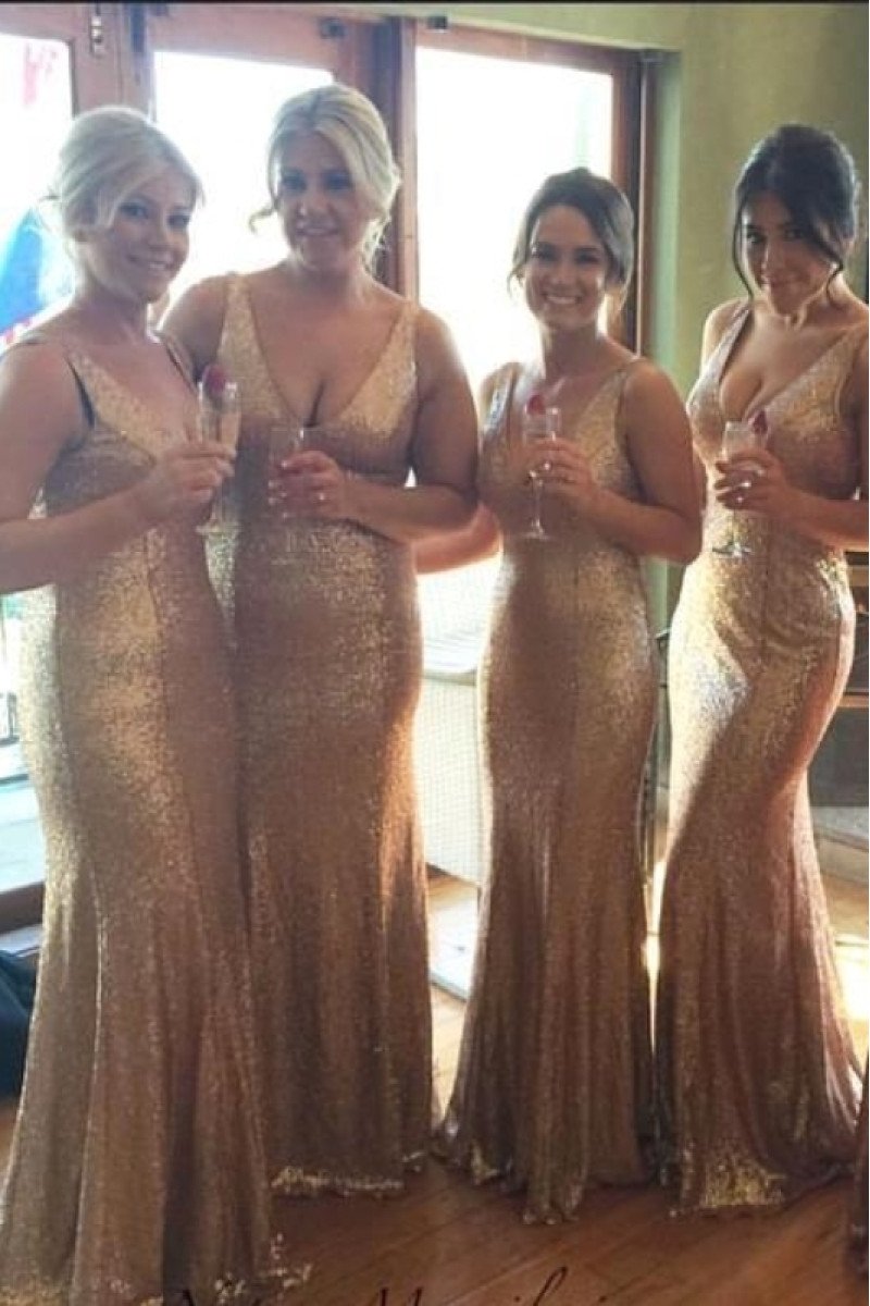 Angle Sparkle Gold Sequins V-Neck Sheath Bridesmaid Dresses