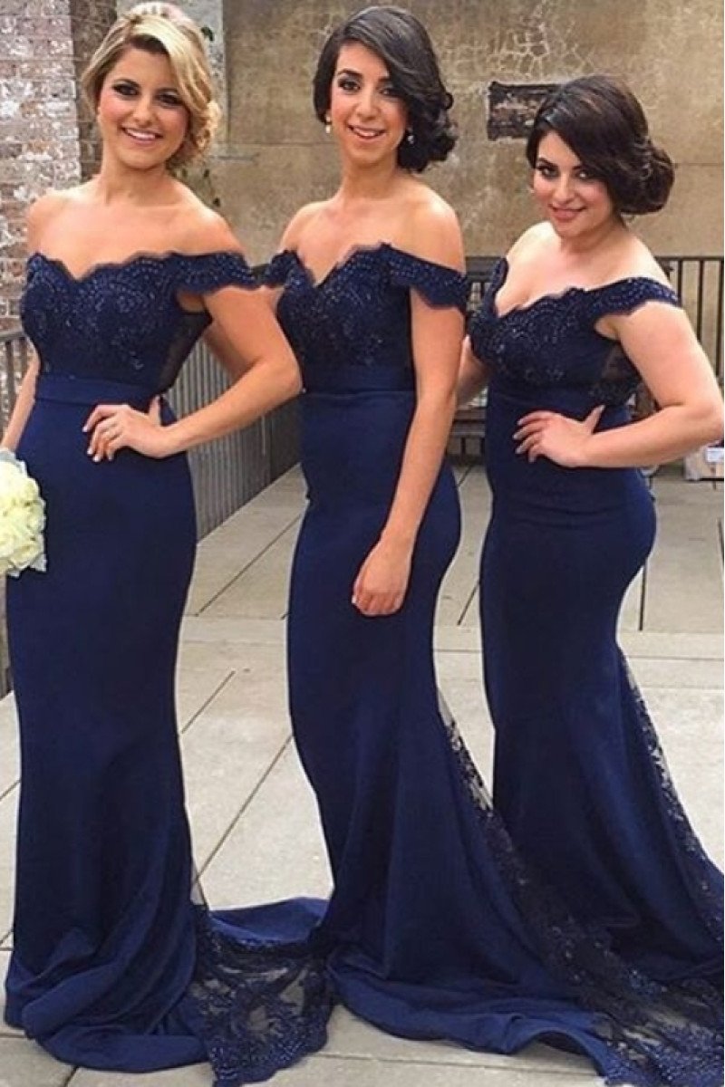 Ann Wonderful Dark Navy Off Shoulder Appliques Sheath Bridesmaid Dresses