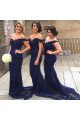 Ann Wonderful Dark Navy Off Shoulder Appliques Sheath Bridesmaid Dresses