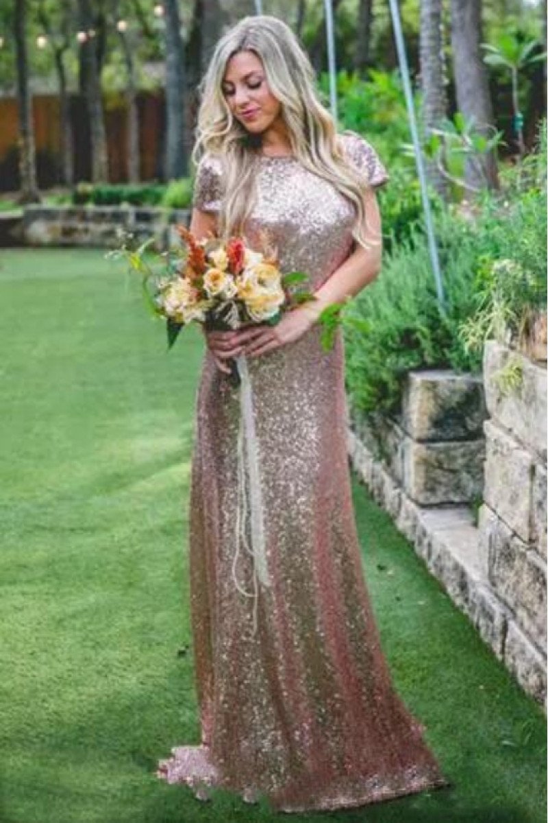 Anne Sparkle Rose Gold Jewel Open Back Sequins Sheath Bridesmaid Dresses