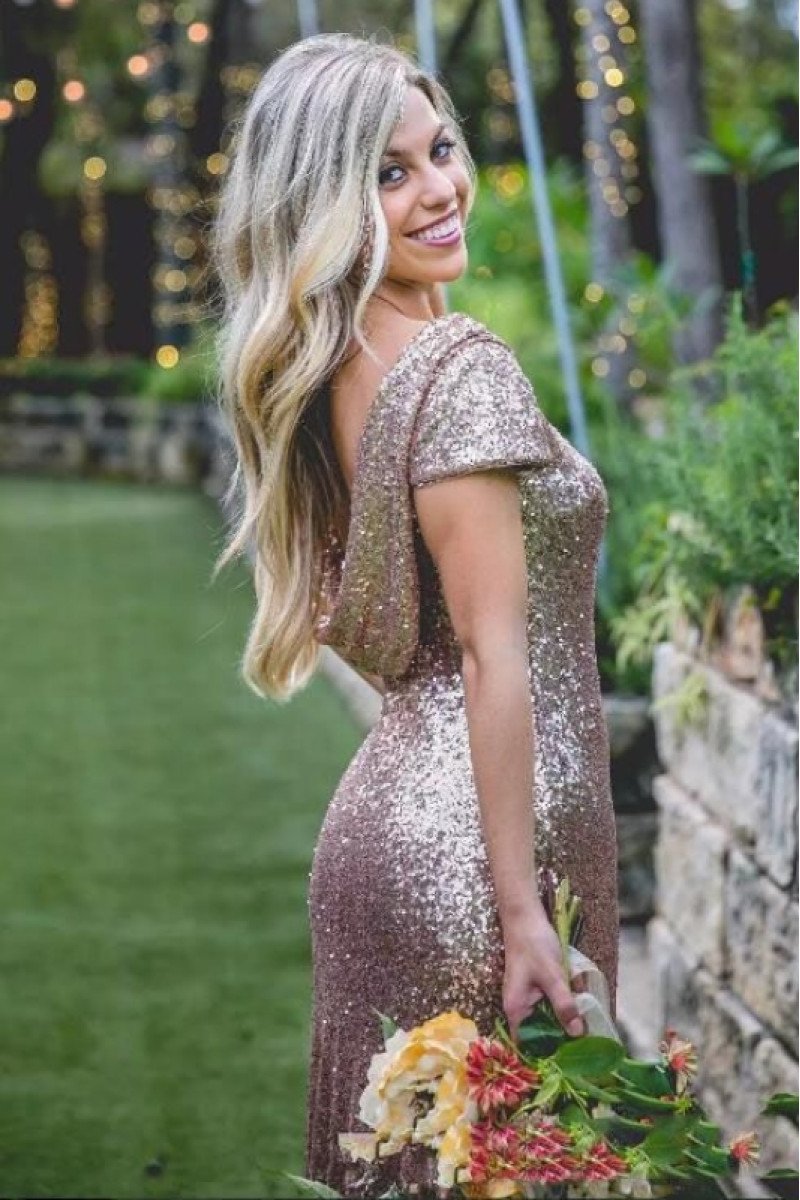 Anne Sparkle Rose Gold Jewel Open Back Sequins Sheath Bridesmaid Dresses