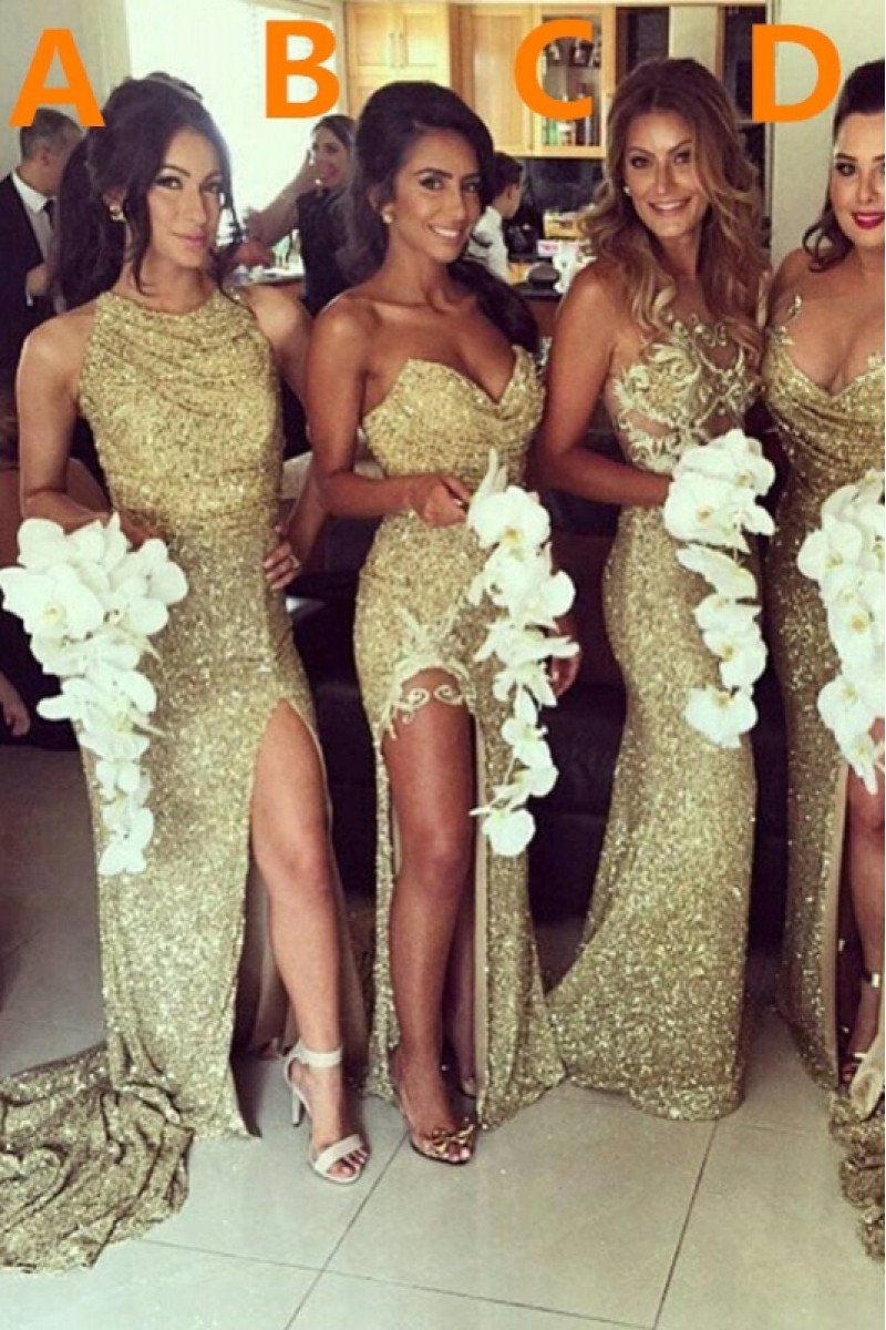 Annie Luxury Gold Sequins Sweetheart Side Slit Open Back Sheath Bridesmaid Dresses