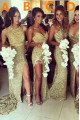 Annie Luxury Gold Sequins Sweetheart Side Slit Open Back Sheath Bridesmaid Dresses