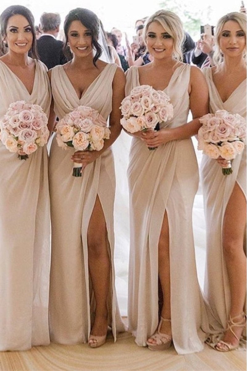 Antonia Charming Nude Pink V-Neck Side Slit Sheath Bridesmaid Dresses