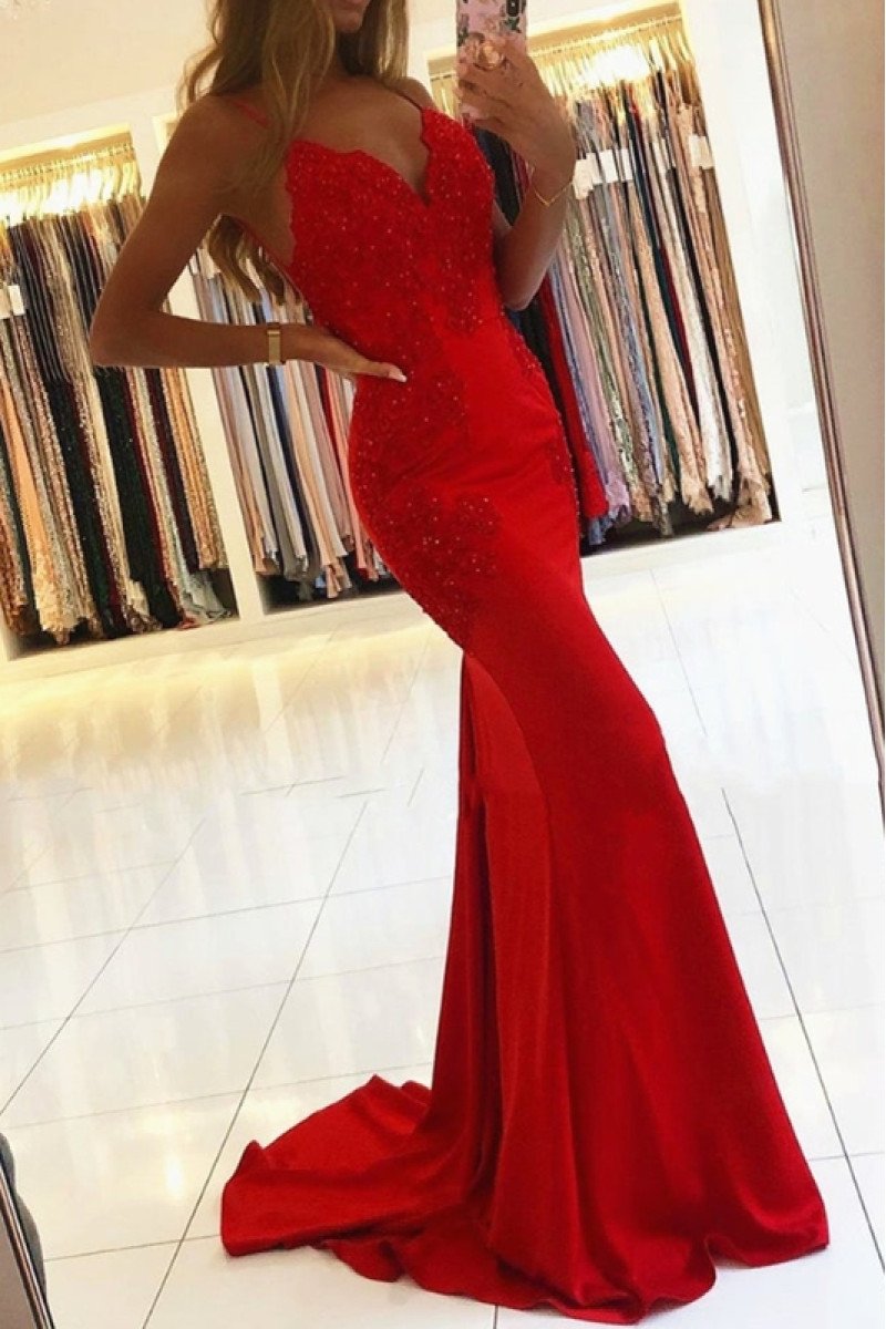 Alexia Beautiful Red Spaghetti Straps Backless Appliques Sheath Evening Dresses