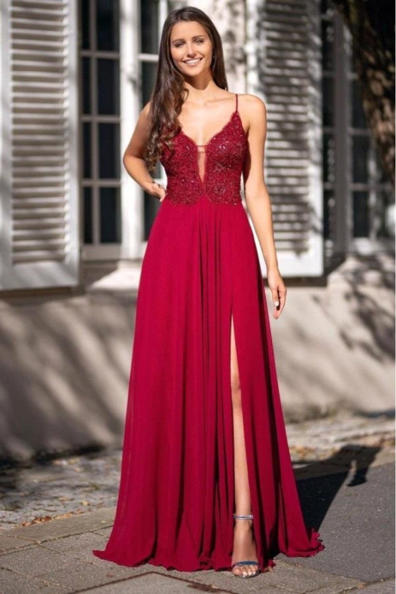 Ali Gentle Burgundy Spaghetti Straps Side Slit Open Back Appliques A-line Evening Dresses