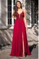 Ali Gentle Burgundy Spaghetti Straps Side Slit Open Back Appliques A-line Evening Dresses