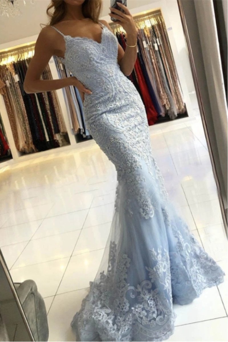 Alison Fancy Sky Blue Spaghetti Straps Open Back Appliques Mermaid Evening Dresses