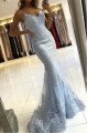 Alison Fancy Sky Blue Spaghetti Straps Open Back Appliques Mermaid Evening Dresses