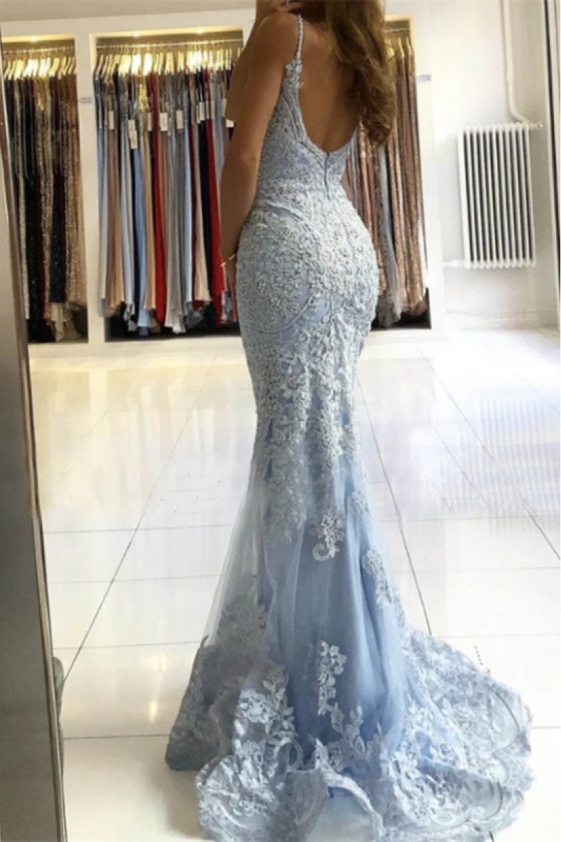 Alison Fancy Sky Blue Spaghetti Straps Open Back Appliques Mermaid Evening Dresses