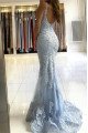 Alison Fancy Sky Blue Spaghetti Straps Open Back Appliques Mermaid Evening Dresses