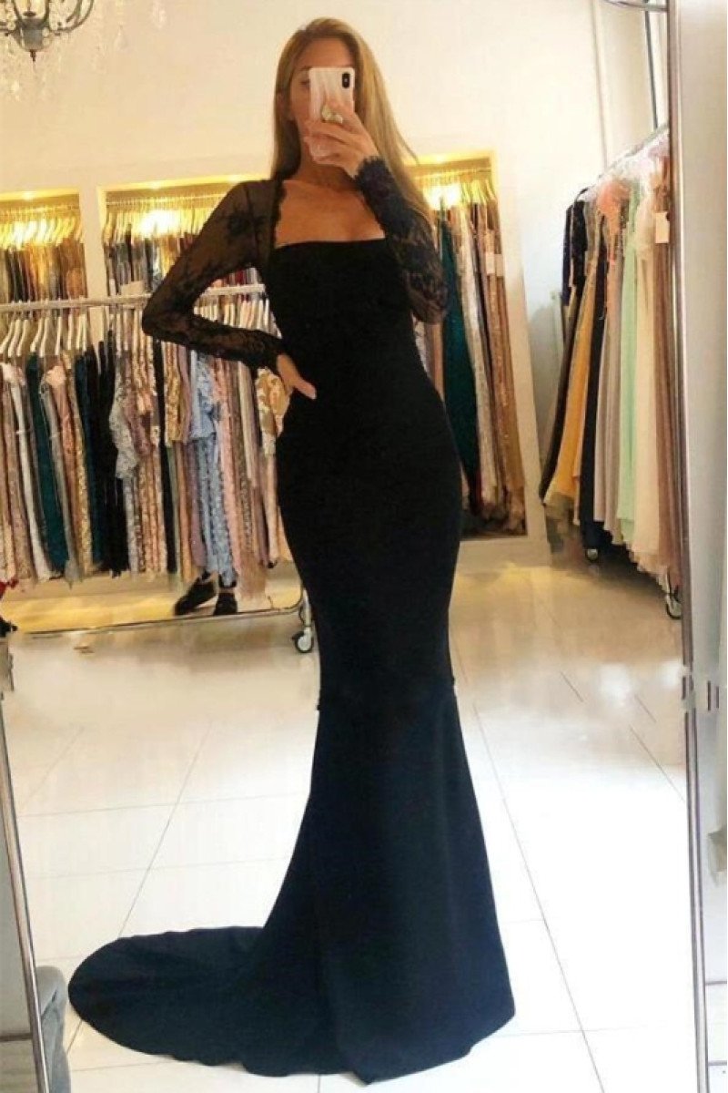 Allison Special Black Square Long Sleeves Open Back Appliques Sheath Evening Dresses