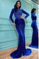 Alma Elegant Royal Blue High Neck Long Sleeves Beading Velvet Sheath Evening Dresses