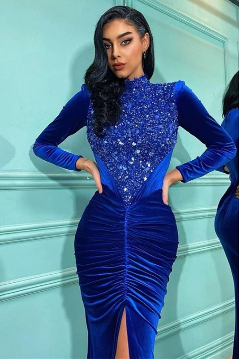 Alma Elegant Royal Blue High Neck Long Sleeves Beading Velvet Sheath Evening Dresses