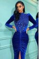 Alma Elegant Royal Blue High Neck Long Sleeves Beading Velvet Sheath Evening Dresses