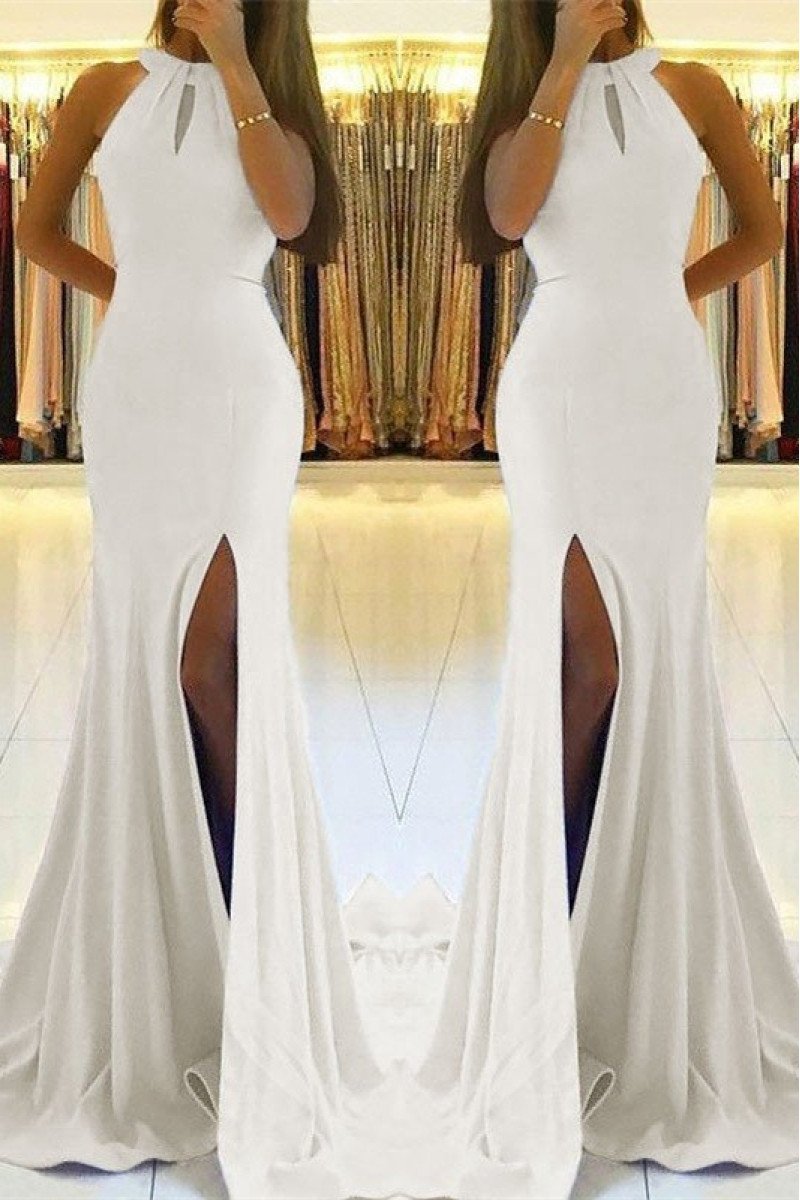 Beryl Simple White Halter Side Slit Backless Sheath Evening Dresses With Bowknot