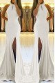 Beryl Simple White Halter Side Slit Backless Sheath Evening Dresses With Bowknot