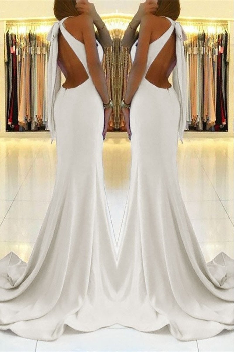 Beryl Simple White Halter Side Slit Backless Sheath Evening Dresses With Bowknot