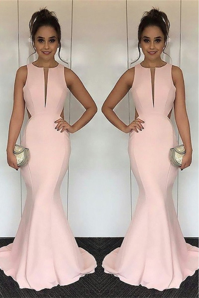 Bess Simple Pink Jewel Open Back Mermaid Evening Dresses