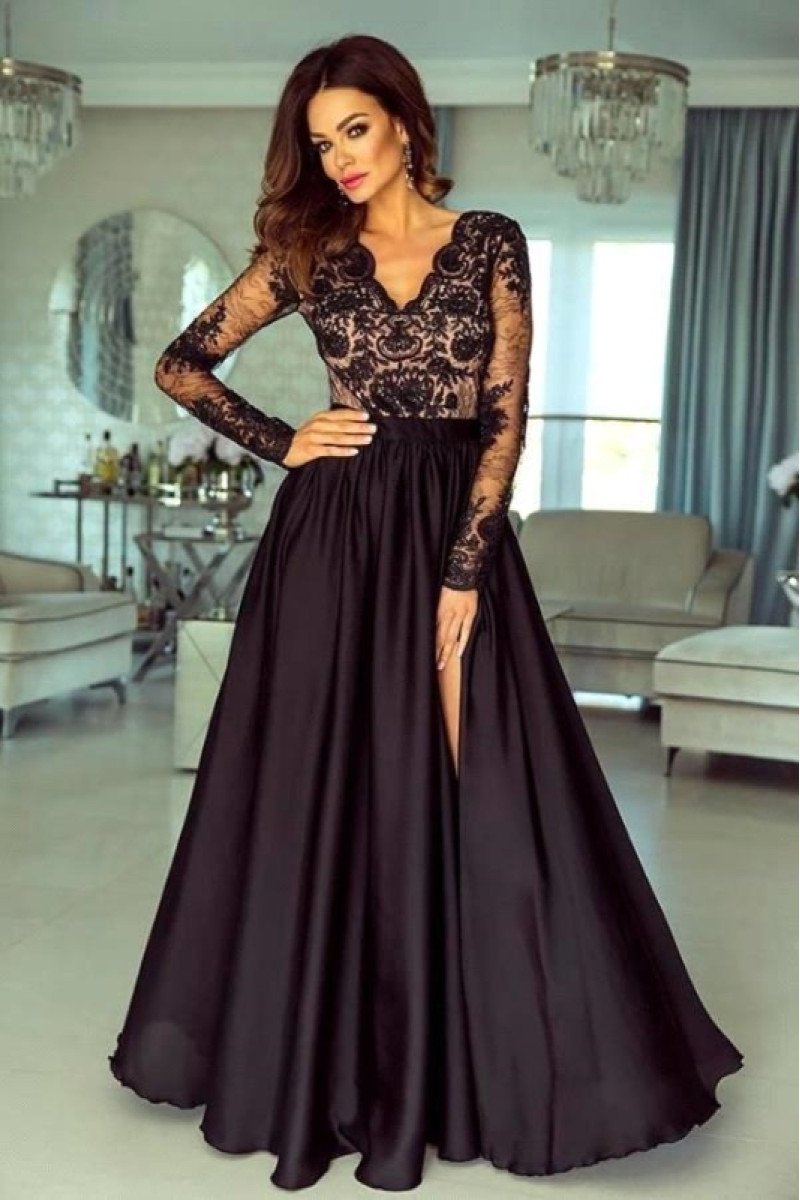 Alva Gentle Black V-Neck Long Sleeves Open Back A-Line Evening Dresses With Appliques