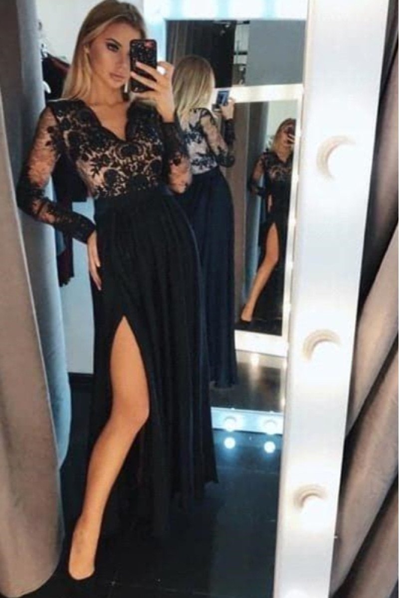 Alva Gentle Black V-Neck Long Sleeves Open Back A-Line Evening Dresses With Appliques