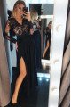 Alva Gentle Black V-Neck Long Sleeves Open Back A-Line Evening Dresses With Appliques