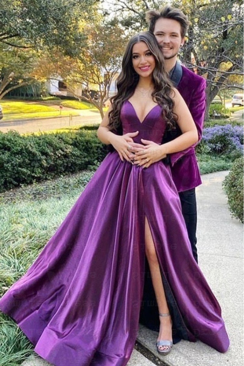 Amanda Beautiful Purple Spaghetti Straps Side Slit Open Back A-Line Evening Dresses