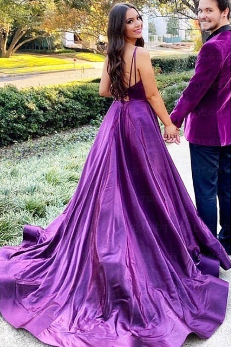 Amanda Beautiful Purple Spaghetti Straps Side Slit Open Back A-Line Evening Dresses