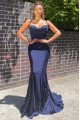 Amy Fancy Dark Navy Spaghettis Straps Open Back Beading Sheath Evening Dresses