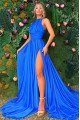 Andrea Mild Blue Halter Side Slit Backless A-Line Evening Dresses