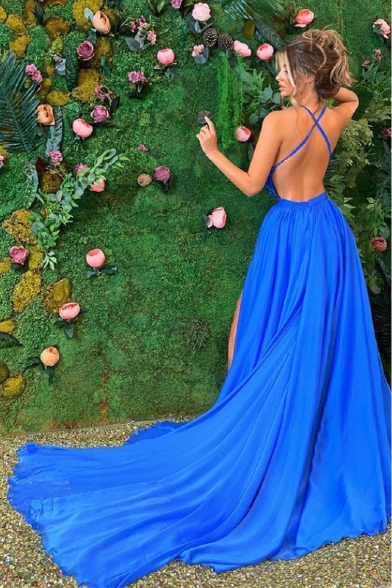 Andrea Mild Blue Halter Side Slit Backless A-Line Evening Dresses