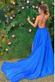 Andrea Mild Blue Halter Side Slit Backless A-Line Evening Dresses