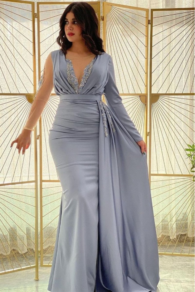 Angel Mild Gray Jewel Long Sleeves Side Slit Appliques Sheath Evening Dresses