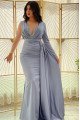 Angel Mild Gray Jewel Long Sleeves Side Slit Appliques Sheath Evening Dresses