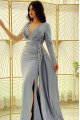 Angel Mild Gray Jewel Long Sleeves Side Slit Appliques Sheath Evening Dresses