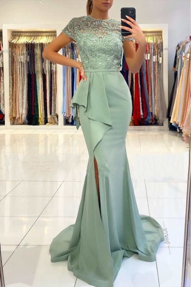 Angela Wonderful Jade Jewel Side Slit Appliques Sheath Evening Dresses