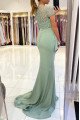 Angela Wonderful Jade Jewel Side Slit Appliques Sheath Evening Dresses