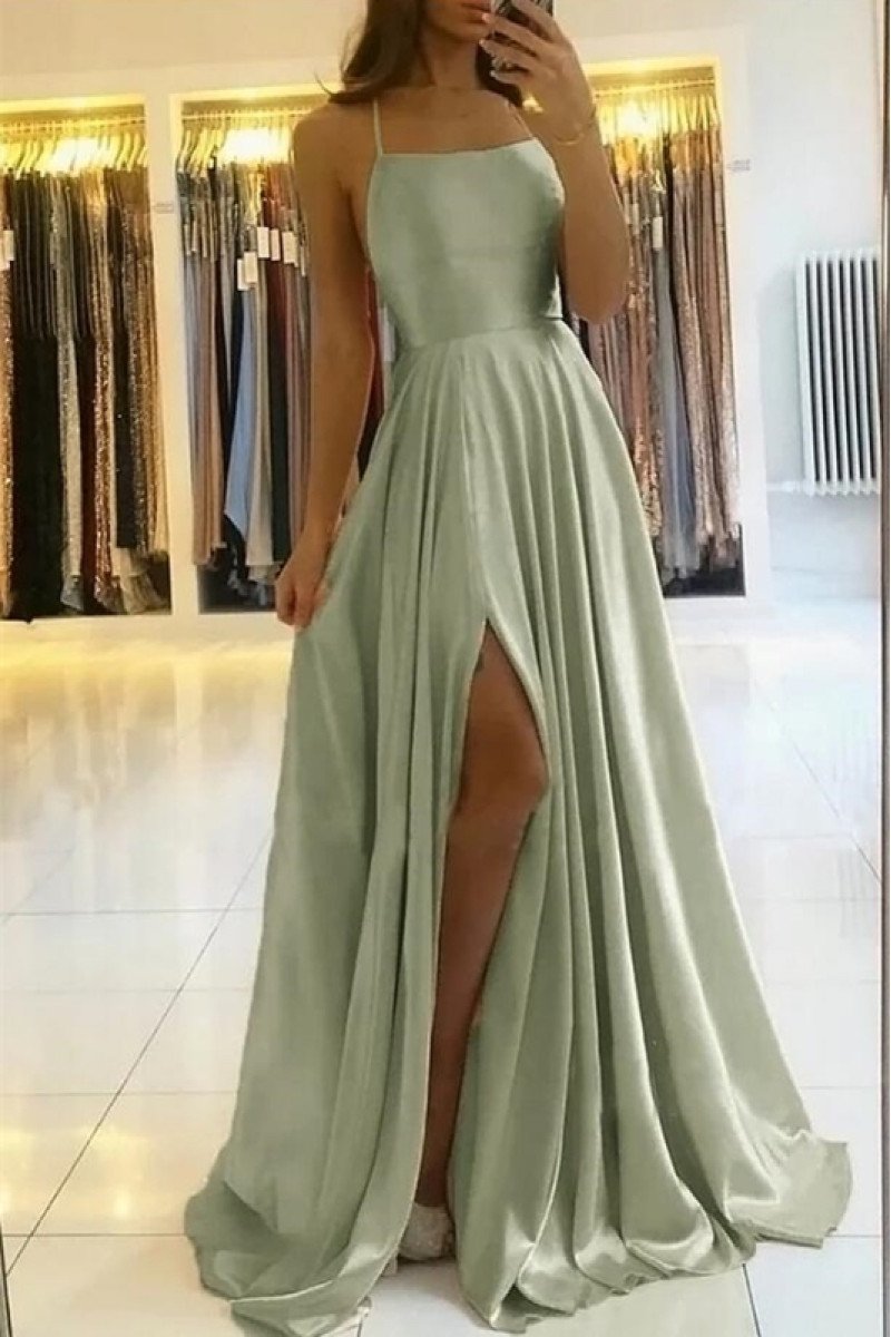 Angelina Elegant Sage Halter Open Back Side Slit Sheath Evening Dresses