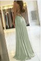 Angelina Elegant Sage Halter Open Back Side Slit Sheath Evening Dresses