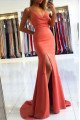 Angle Simple Coral Spaghetti Straps Backless Side Slit Sheath Evening Dresses