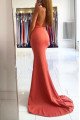 Angle Simple Coral Spaghetti Straps Backless Side Slit Sheath Evening Dresses