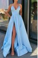 Anna Chic Blue Spaghetti Straps Side Slit A-line Evening Dresses With Pocket