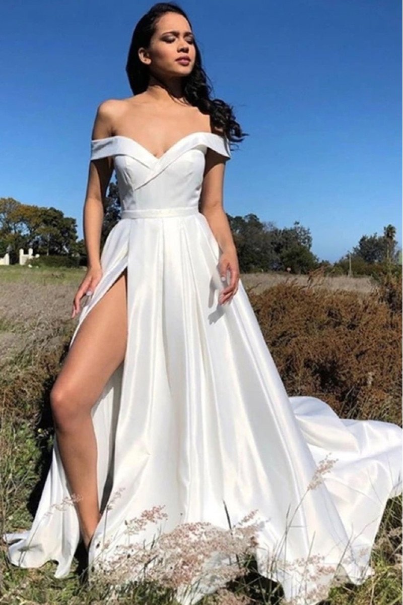 Anne Mild White Off Shoulder Side Slit A-Line Evening Dresses