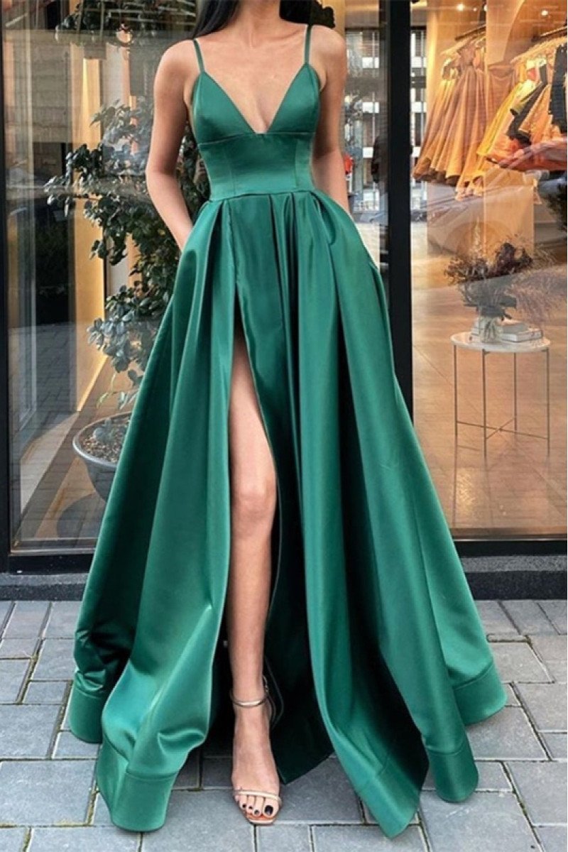 Annie Elegant Dark Green Spaghetti Straps Side Slit A-line Evening Dresses With Pocket