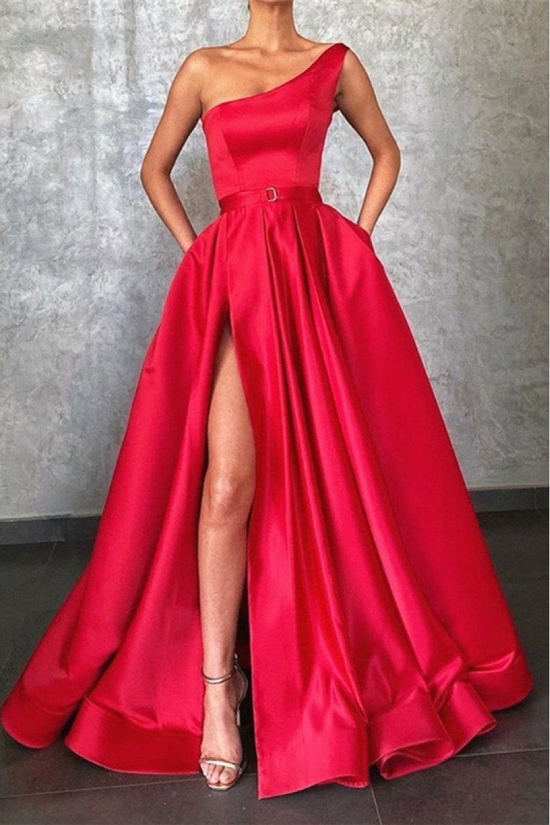 Antonia Charming Red One Shoulder Side Slit A-Line Evening Dresses With Pocket