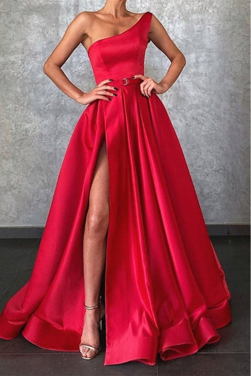 Antonia Charming Red One Shoulder Side Slit A-Line Evening Dresses With Pocket