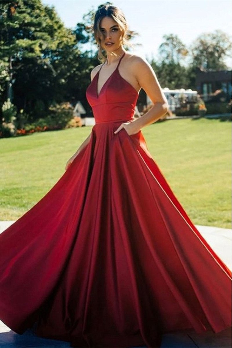 April Fancy Burgundy Halter Open Back A-Line Evening Dresses With Pocket