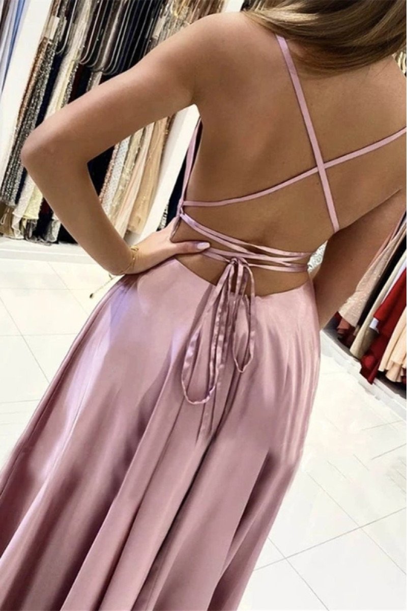 Ariel Elegant Lilac Spaghetti Straps Side Slit Backless A-line Evening Dresses